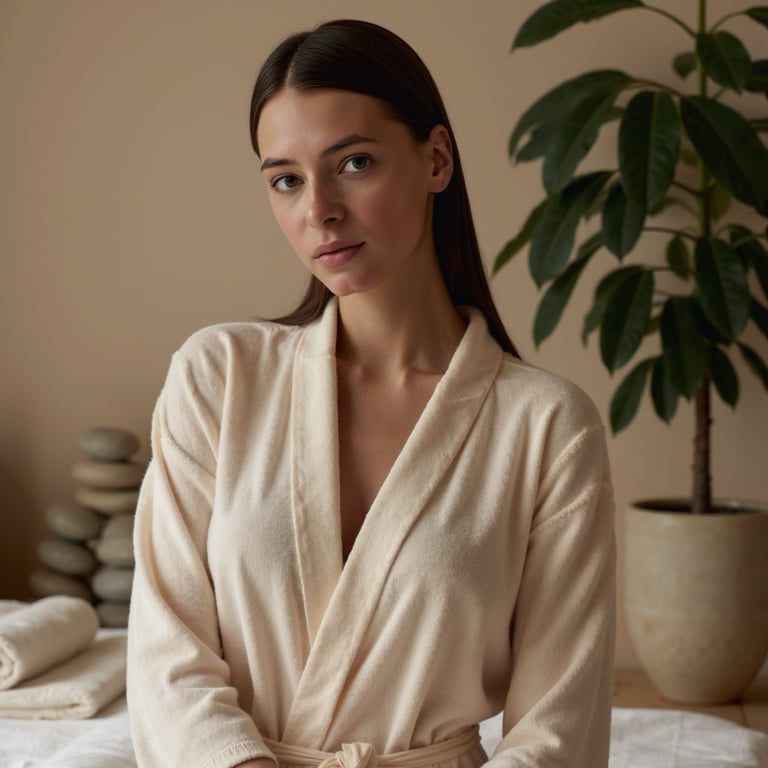 A female subject in a spa environment, captured in a waist-up shot. She is weari