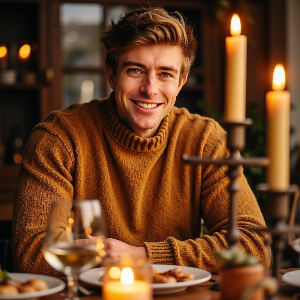 Highly realistic, highly detailed, hyperrealistic HDR head-and-shoulders portrait of a man (male, ~40 yrs) illuminated by the glow of a Thanksgiving dinner table from below. Camera close-up, slightly above table height (~−15° up), giving cinematic intimacy. He wears a tan wool sweater, texture distinct under the warm candlelight. Hair short and slightly tousled, faint laugh lines visible around the eyes. Background blurred — suggestion of dinner plates and glass reflections, warm golden tones. Realistic skin sheen, detailed light gradients across the face, and precise reflections in the eyes. HDR, high resolution, high quality, highly detailed, photorealistic.