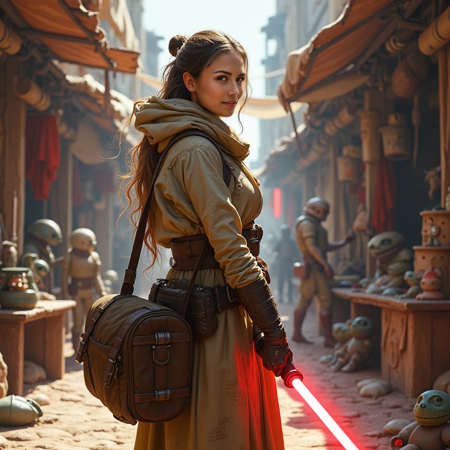 A female scavenger or trader stands in the middle of a bustling alien market, facing the camera with a confident, no-nonsense expression. She holds her bag or equipment tightly, surrounded by vibrant stalls, aliens, and artifacts.