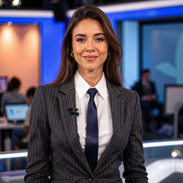 Highly detailed, highly realistic, HDR, 8k portrait of a TV news anchor at the desk; camera: 85mm lens, f/2, eye-level, tight head-and-shoulders; lighting: soft key through 3ft octabox at 45°, subtle fill with reflector, cool LED rim; expression: calm, confident micro-smile, visible skin texture/pores and soft peach fuzz; attire: charcoal pinstripe suit with satin lapels, crisp white shirt, navy silk tie (tight Windsor), matte fabric with fine stitching; hair: neat side part, lightly sprayed; props: low-profile lav mic on lapel, thin in-ear IFB; background: blurred newsroom LED wall with gentle motion blur, minimal clutter; color balance: neutral daylight; composition: rule of thirds with clean headroom.