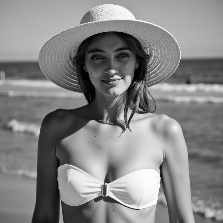Adult woman — monochrome beachfront close-up portrait (black & white); attire: c