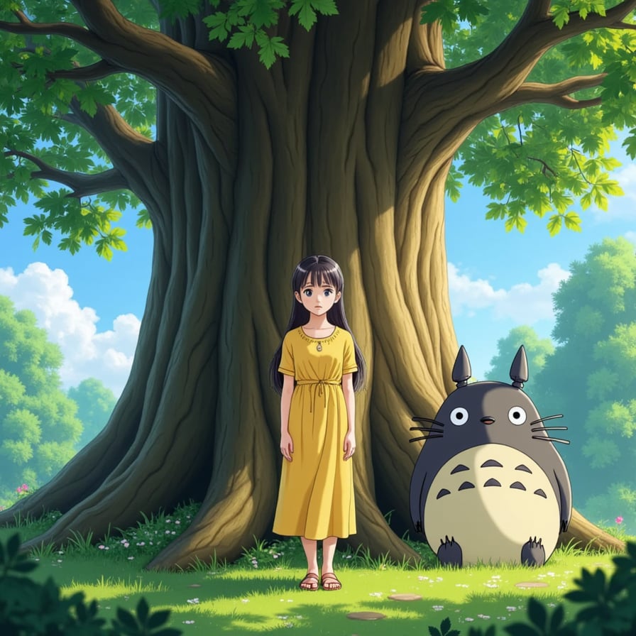 Satsuki in a yellow dress, standing in front of a gigantic camphor tree, surrounded by lush greenery, with a warm sunlight filtering through the leaves, Totoro sitting next to her, both having a gentle, serene, and whimsical expression.