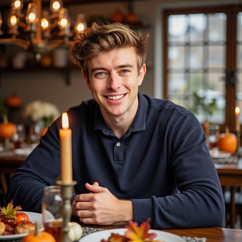Highly detailed, highly realistic, hyperrealistic HDR waist-up portrait of a man (male, ~32 yrs) seated close to a Thanksgiving table. He wears a dark navy collared shirt with sleeves rolled to mid-forearm. The lighting comes from an overhead chandelier and side candlelight, producing warm highlights along his cheekbones and hairline. His expression open and gentle, as if mid-conversation. Background blurred — visible warm tones of wood, glass reflections, and hints of food platters without clutter. Detailed fabric weave, skin texture, and candle reflections give tactile realism. HDR, high resolution, high quality, highly detailed, photorealistic.