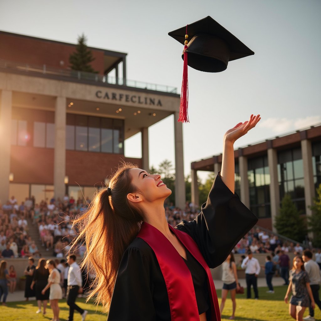 Waist-up image of a woman graduate gazing up toward a graduation cap suspended mid-air, arms still lowered (no movement captured); wearing black gown, crimson stole, mortarboard just tossed upward; loose wavy hair, sunlight catching strands; camera below shoulder level angled upward, 70 mm lens, f/2.8; golden-hour lighting, flare at image edge; background: blurred open campus field, warm sky gradient; detailed realism in hair texture, stole satin highlights, tassel threads, natural smile; highly detailed, highly realistic, HDR finish, no clutter.
