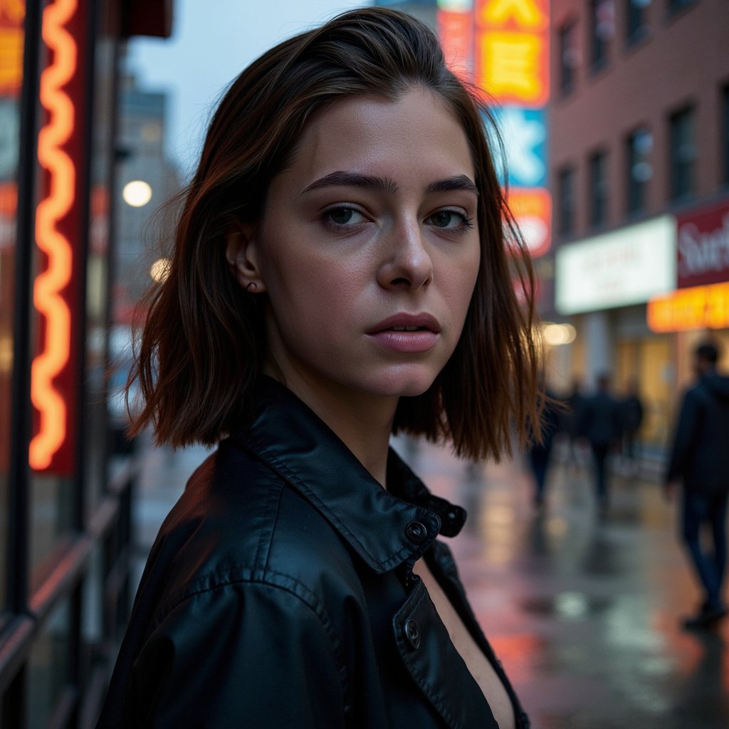 A cinematic neo-noir portrait of a woman (late 20s) standing under light rain at night, tight head-and-shoulders close-up, camera slightly below eye level for subtle power. She has wet, wavy shoulder-length hair with a few strands stuck to her cheek, natural skin texture with visible pores, faint under-eye texture, and a calm, intense gaze looking just past the lens. Wardrobe: black leather trench coat with realistic creases, subtle water droplets beading on the surface, inner collar lined with dark satin. Lighting: single strong neon sign key light from camera-left (cool tone), soft warm rim light from behind, rain catching highlights; background is a blurred city street with bokeh signage and minimal shapes only, no readable text. Camera: 85mm lens, f/1.8, shallow depth of field, gentle film-grain feel, crisp eyelashes, sharp catchlights, realistic color separation. Mood: slick, dramatic, quiet tension. Highly detailed, highly realistic, HDR quality, cinematic color grading, minimal background clutter.
