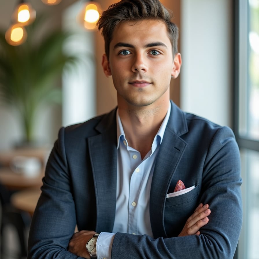 man optimized for a modern dating profile. The setting is clean and minimal, with soft, flattering lighting. He is wearing smart-casual attire, and his expression is confident yet approachable, perfect for making a memorable first impression
