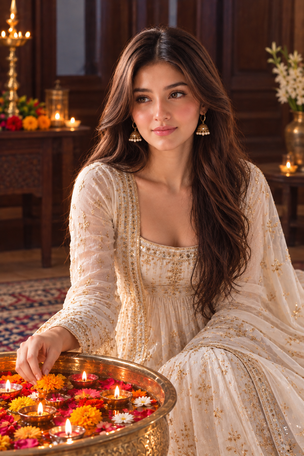 AI Diwali photo of a woman in an ivory anarkali beside a brass bowl of floating diyas