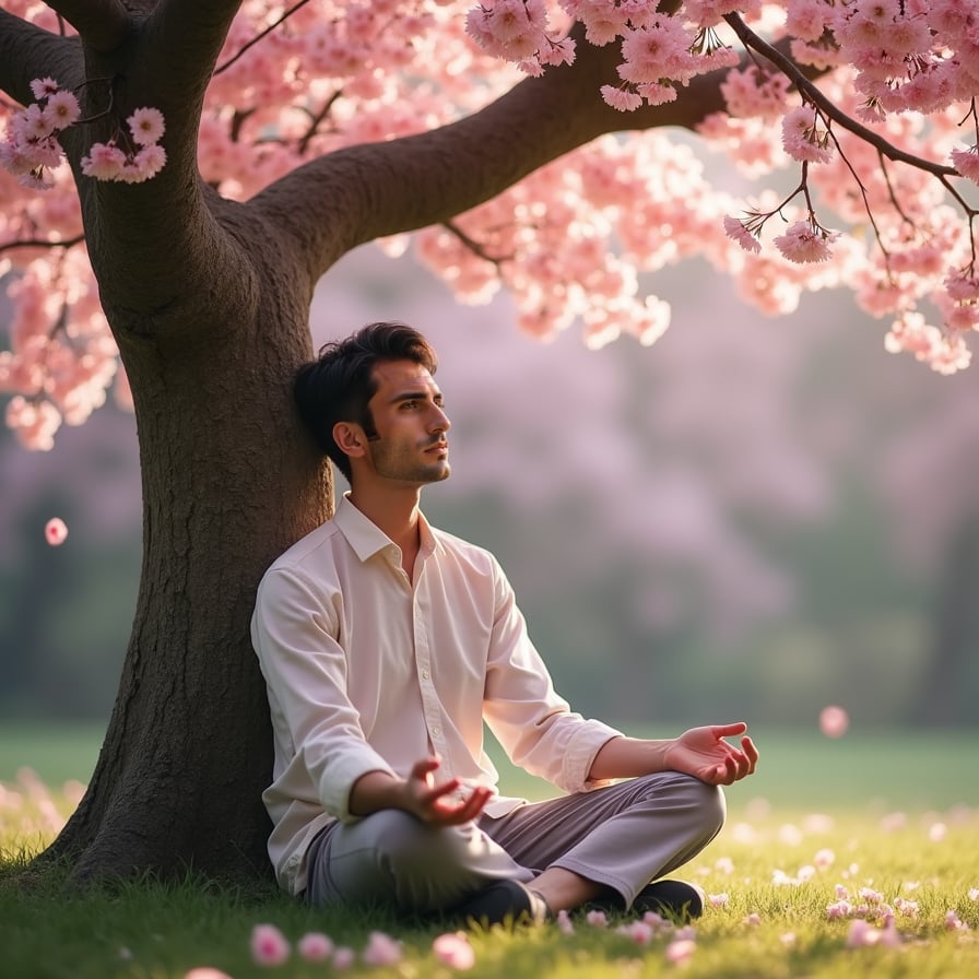 A young man sits cross-legged beneath a massive sakura tree in full bloom, meditating. His expression is peaceful, as sunlight filters through the branches, illuminating his tranquil face.