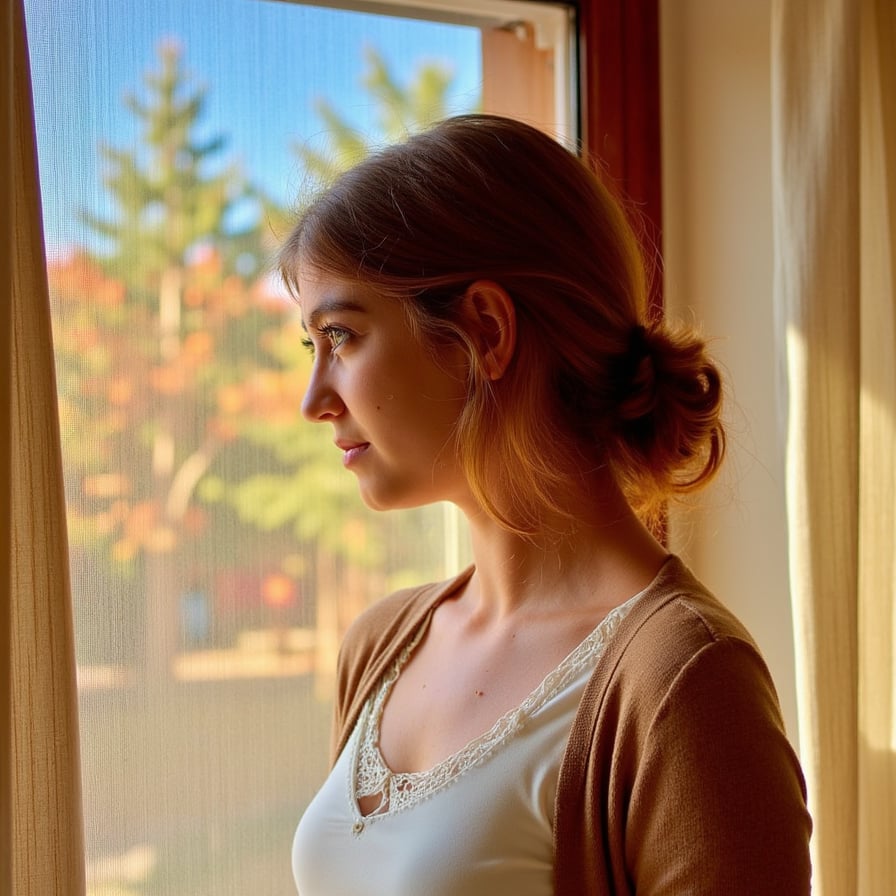 Highly realistic, highly detailed, hyperrealistic HDR portrait of a woman (female, ~32 yrs) standing waist-up beside a tall window as afternoon sunlight streams through sheer curtains. She wears a soft camel-colored knit cardigan layered over an ivory blouse with delicate lace detailing at the neckline. Hair shoulder-length, auburn with subtle waves, tucked behind one ear. Camera positioned slightly from the side (~30° angle), focus on her profile as she gazes out the window thoughtfully. The golden light outlines her face and highlights stray hair strands. Background softly blurred — suggestion of autumn trees through the glass, faint wood trim. Visible fabric threads, soft facial texture, gentle highlights on cheekbones. Warm, reflective Thanksgiving tone. HDR, high resolution, high quality, highly detailed, photorealistic.