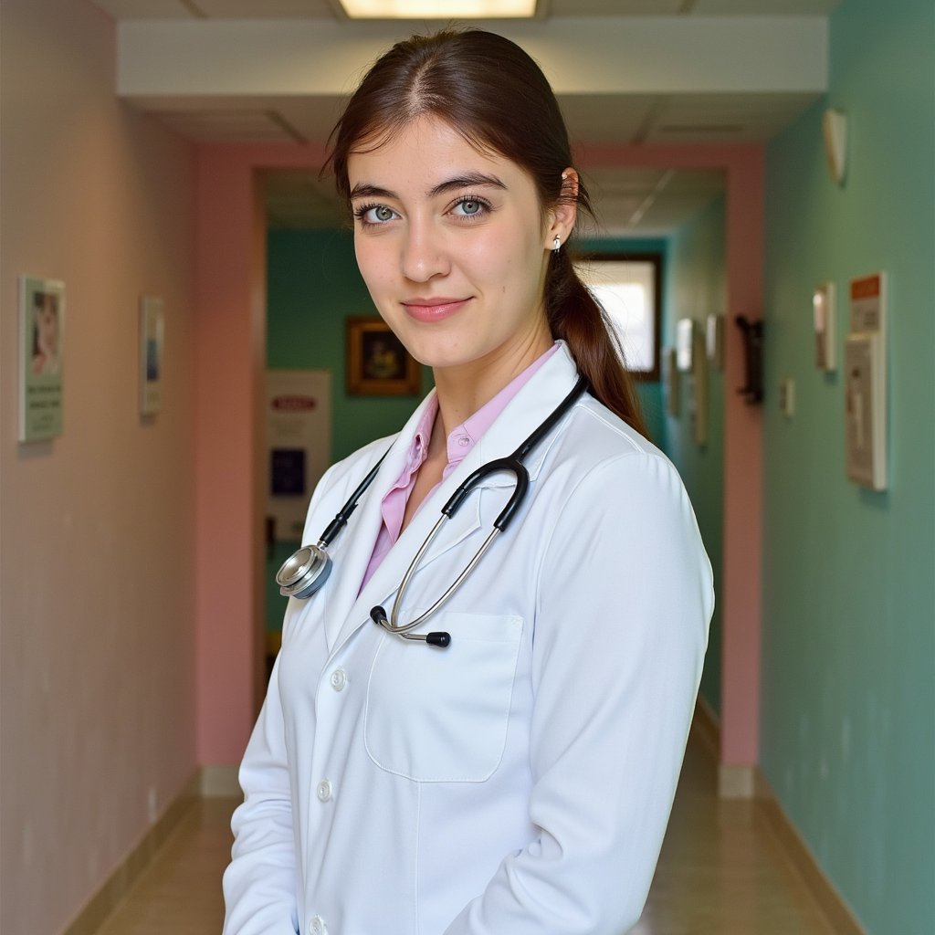 Highly detailed, highly realistic HDR portrait of a woman doctor in pristine white cotton lab coat over pale pink blouse; stethoscope draped around neck; hair in neat ponytail. Camera: 70mm lens, f/2.5, ISO 400, chest-up, eye-level framing. Lighting: daylight from large window as soft key, subtle fluorescent fill from ceiling; faint shadow under jaw. Pose: standing with hands gently clasped at midsection, calm confident smile. Background: softly blurred corridor with pastel walls and signage, minimal clutter.