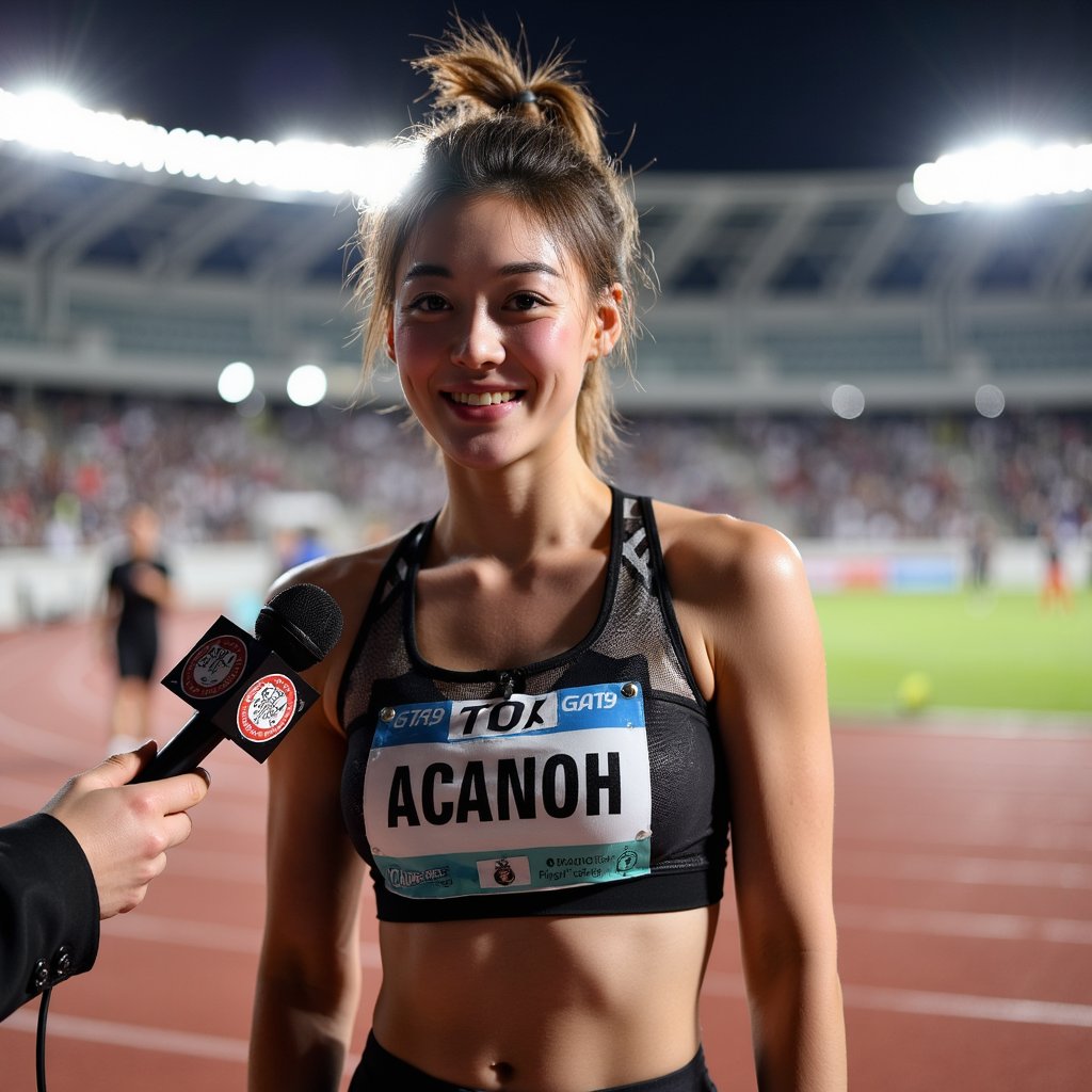 Headshot of a smiling athlete being interviewed trackside, race bib still pinned, hair messy from race, handheld mic visible — post-event celebration moment