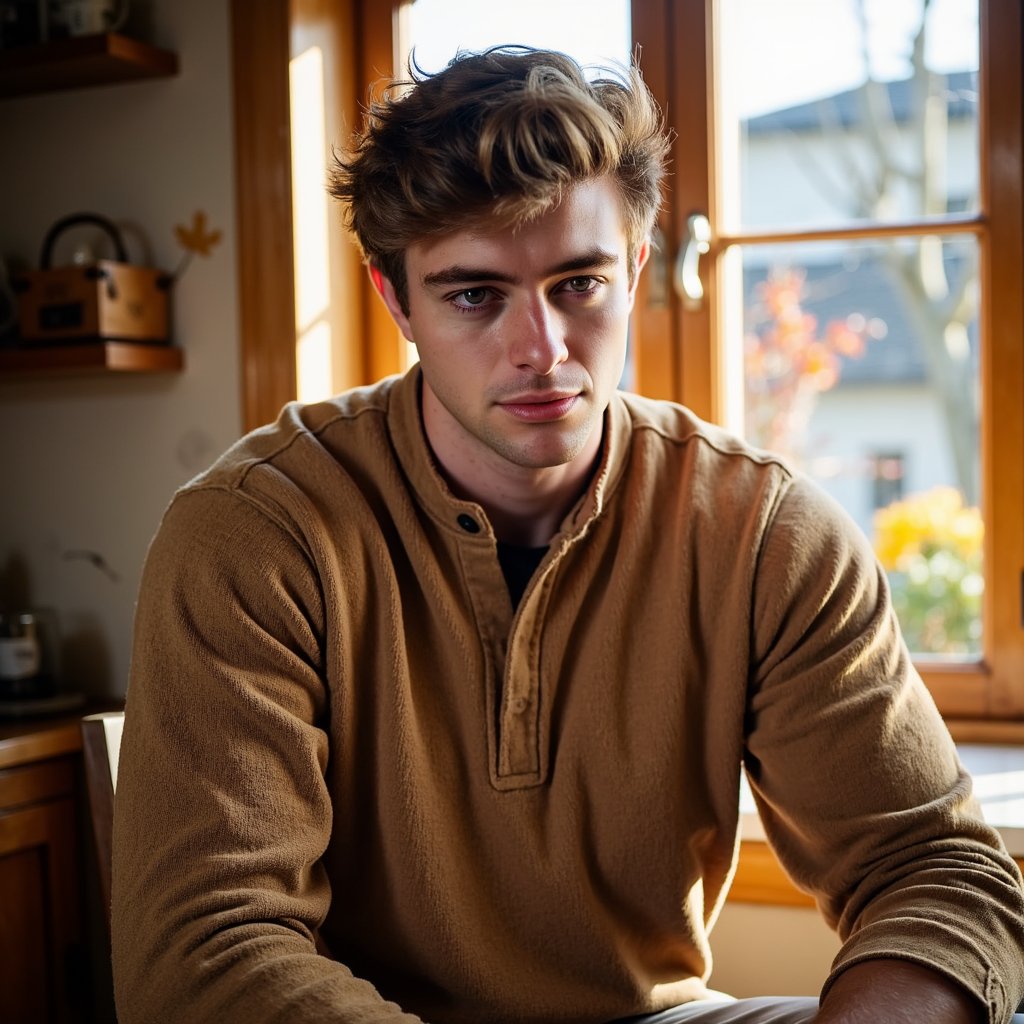 Highly detailed, highly realistic, hyperrealistic HDR portrait of a man (male, ~36 yrs) seated waist-up near a window with afternoon sunlight spilling from the left side. He wears a soft tan henley shirt with visible knit ribbing and rolled sleeves. His posture relaxed, gaze slightly downward in calm reflection. Camera angled at ~30° from his left, focus sharp on face and torso, shallow depth of field blurring the wooden window frame and faint outdoor foliage beyond. Light creates soft golden rim highlights on his jawline and shoulder. Visible texture: fabric weave, skin pores, fine arm hairs catching light. HDR, high resolution, high quality, highly detailed, photorealistic.