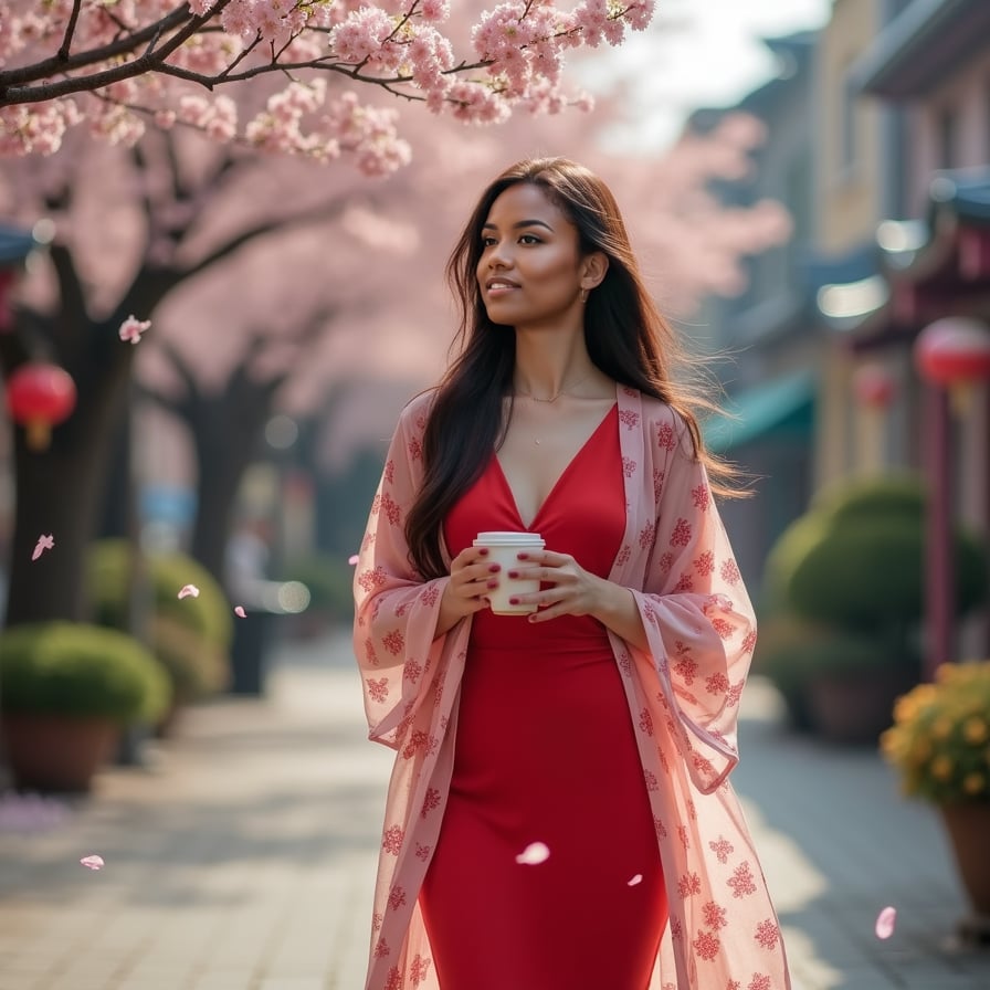 A fashionable woman in a sleek red dress walks down a quiet street lined with cherry blossom trees. The petals drift through the air as she sips her coffee, lost in thought, with a soft cityscape in the background