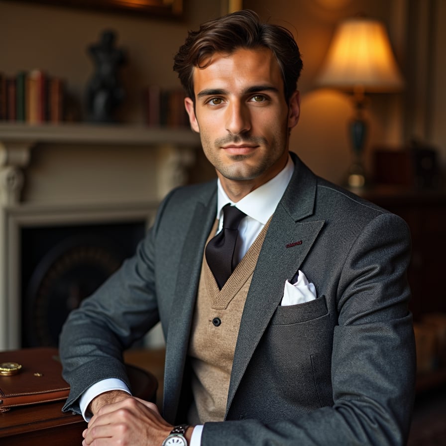 man with an air of sophistication. He is dressed in a tailored suit or a cashmere sweater over a collared shirt. The background is an elegant, softly lit library or a stately room with luxurious furnishings. His expression is confident yet understated, exuding refinement and prestige