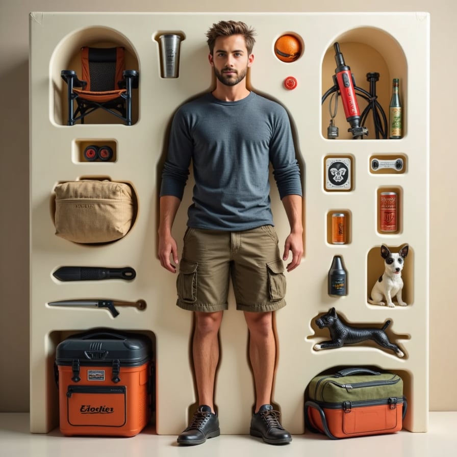 Man in cargo shorts holding a fishing rod, surrounded by camping gear, dog figure, and cooler box