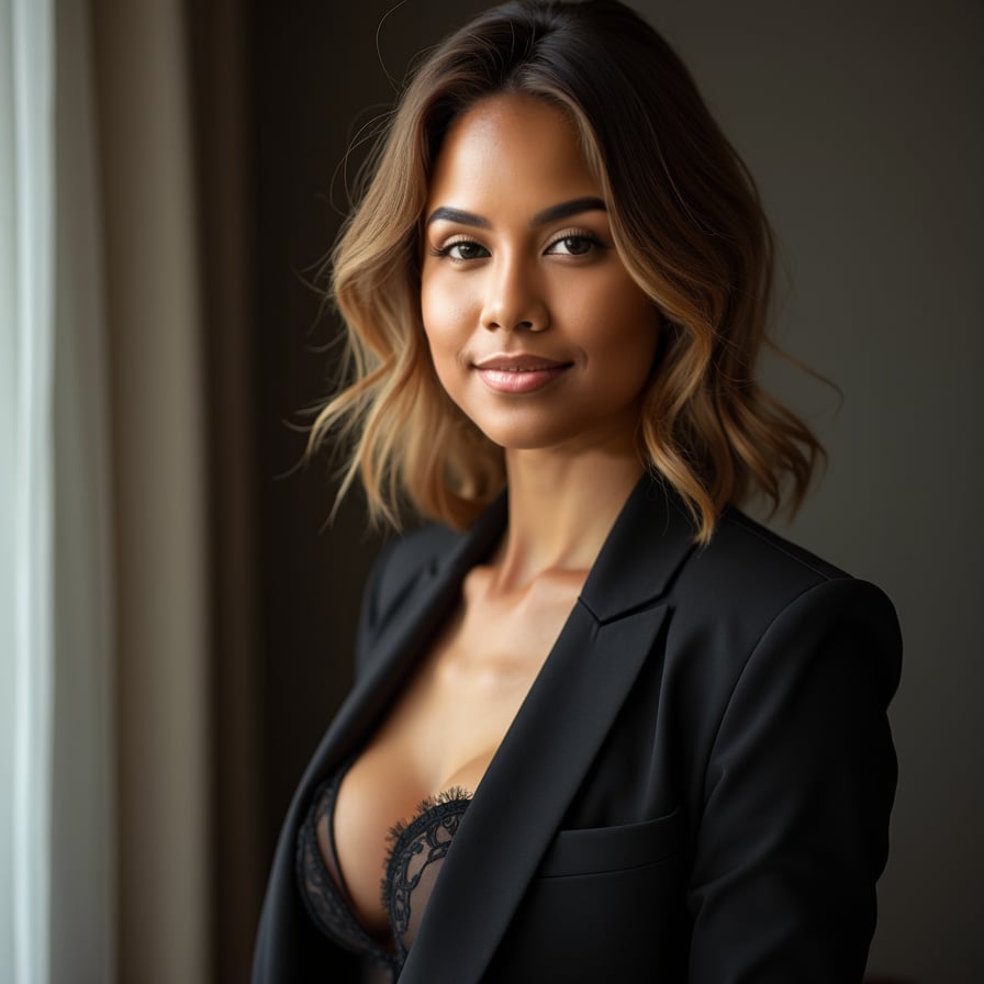  professional headshot of a woman in a tailored blazer or elegant business attire. Her pose is poised and engaging, with a neutral or softly blurred background. Use clean and natural lighting to enhance her features, showcasing confidence and professionalism