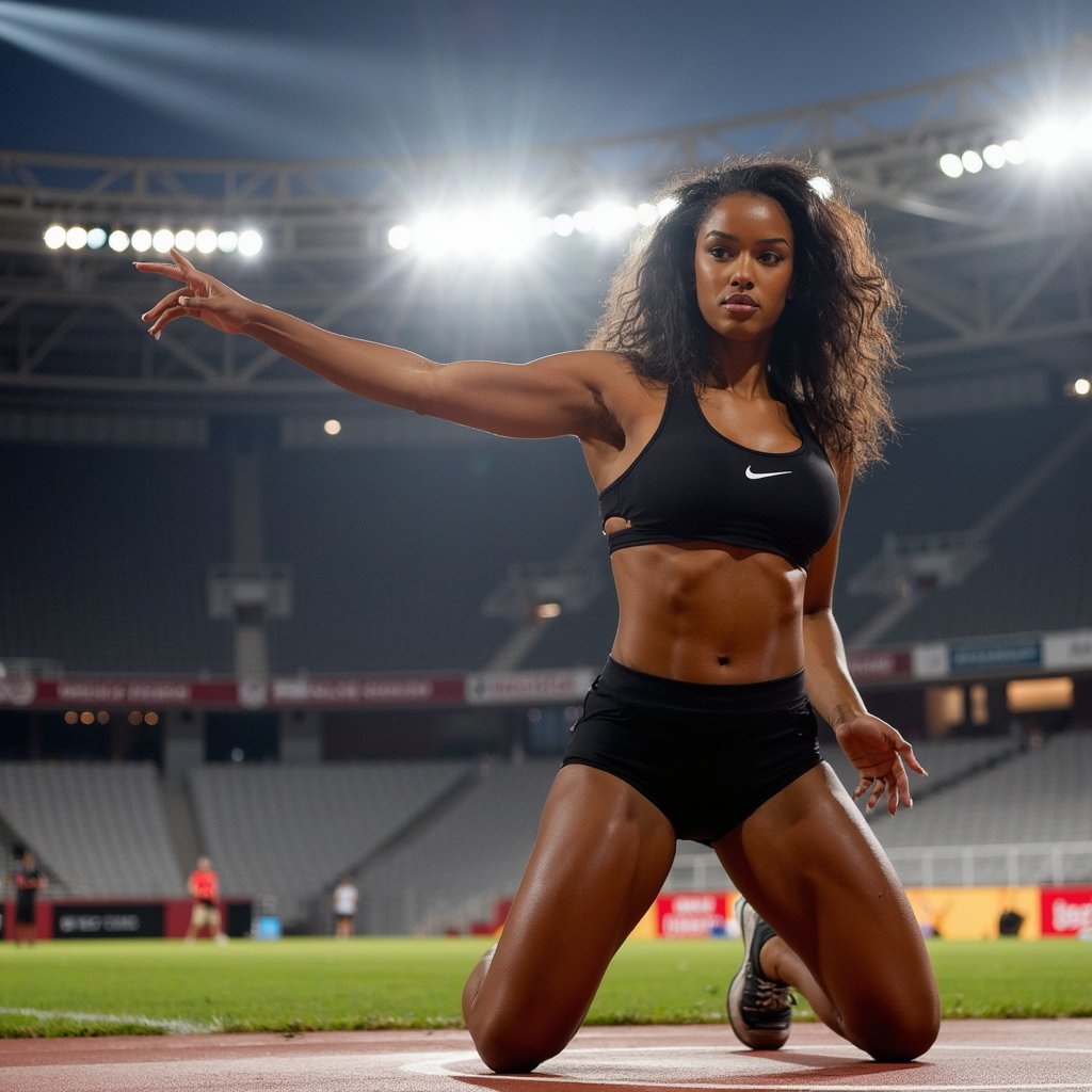 Knee-up image of a discus thrower in mid-warmup, arm stretch in foreground, blurred field backdrop, intense focus on movement prep