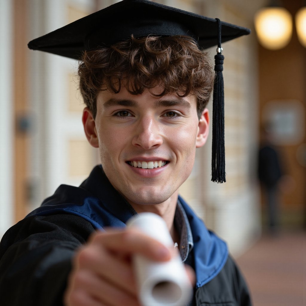 Waist-up portrait of a man graduate holding a rolled diploma forward in one hand while his face remains sharply in focus behind it; slight depth-of-field play where diploma foreground is soft; wearing a black gown with navy hood, neatly combed side-parted hair, light smile; camera at chest level angled slightly upward, 85 mm lens, f/2, ISO 100; directional side light from window to left, warm fill reflector on right; background: faint blurred university hallway with golden accents; textures visible—diploma paper fibers, matte gown folds, silk hood trim; tonal depth clean, highly detailed, highly realistic, HDR rendering.