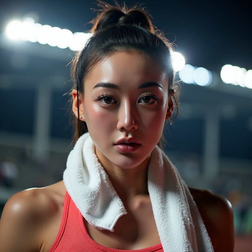 Headshot of a female sprinter post-race, breathing heavily with towel around neck, expression of fierce focus, subtle motion blur behind her