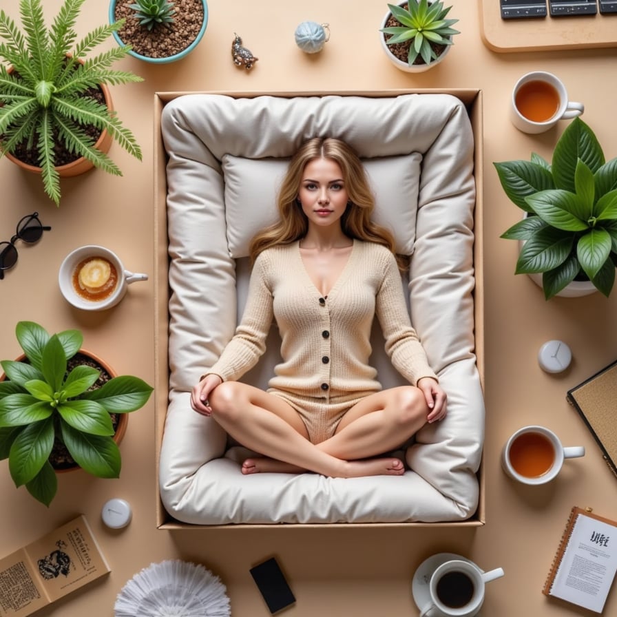 Woman sitting cross-legged in the box, cozy cardigan, surrounded by plants, books, glasses, tea mug
