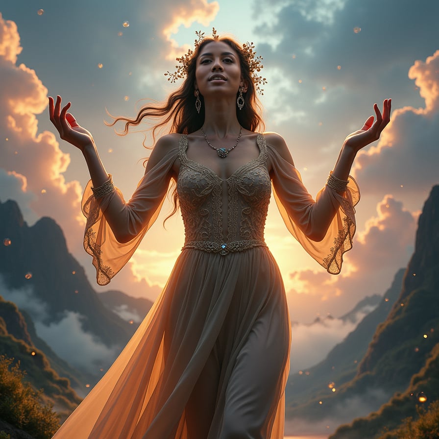 Pose: Standing with her arms extended, palms up, and her eyes closed, as if summoning magic.
Expression: Ethereal, with a hint of mysticism and a soft, dreamy gaze.
Clothing: A flowing, long-sleeved gown with intricate, beaded embroidery, evoking the feeling of a mythical, otherworldly being.
Accessories: A delicate, beaded necklace, a pair of dangling earrings with small, sparkling stones, and a crown of flowers or vines.
Background: A whimsical, fantastical background with swirling clouds, misty mountains, and a hint of magic, evoking the feeling of a mystical, enchanted forest