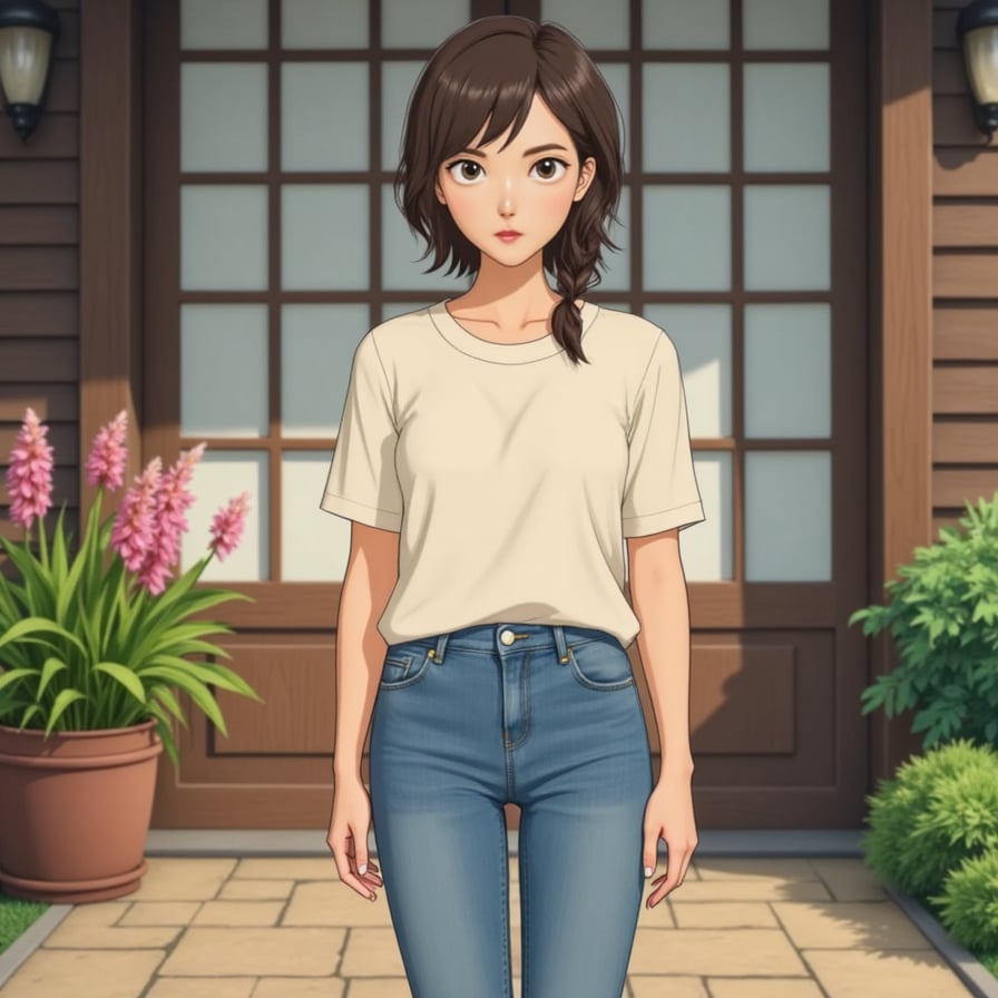 Woman prominently featured in a precise and faithful recreation of a beloved, iconic Studio Ghibli scene, maintaining the authentic visual details, atmosphere, and distinct Ghibli animation style