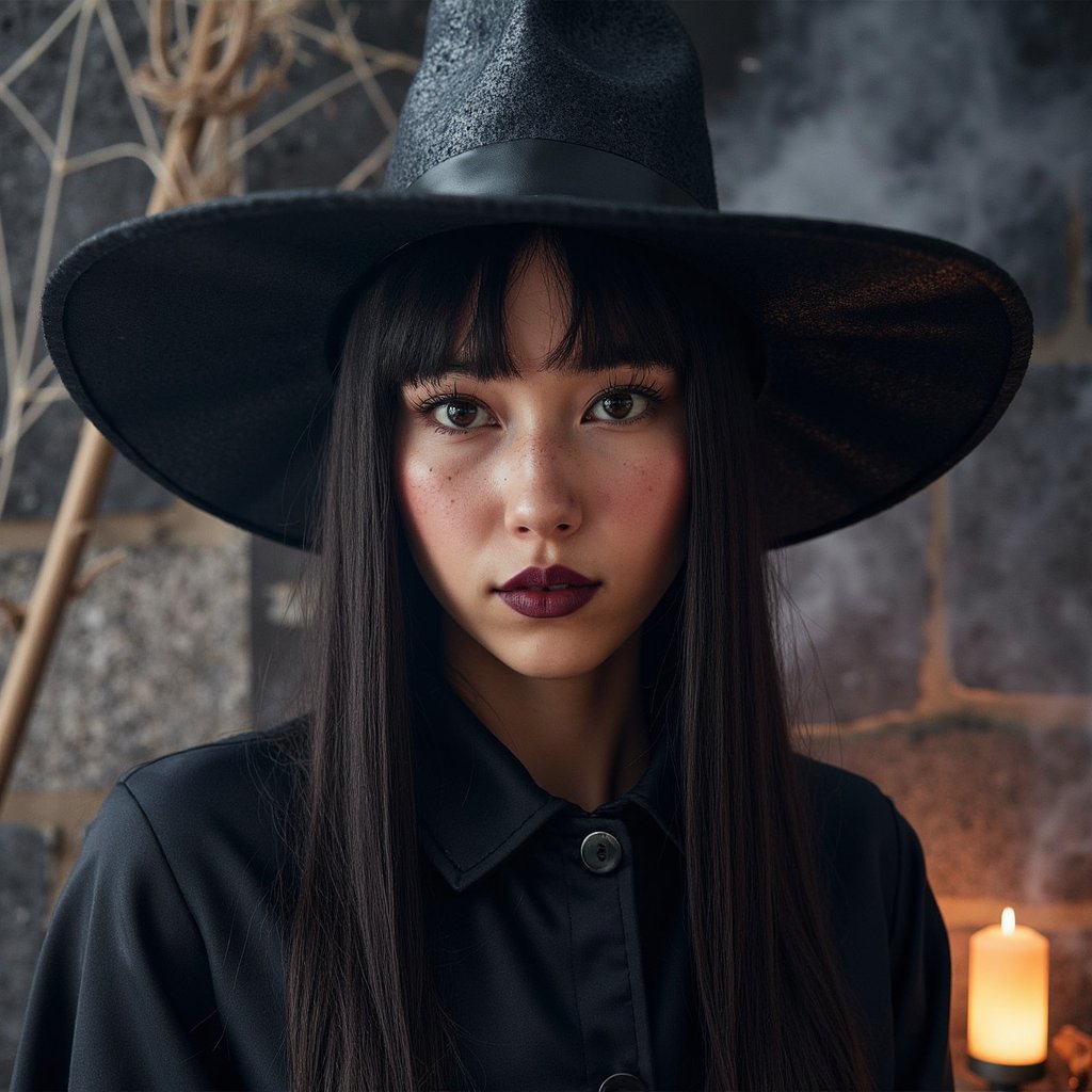 Gender: Female — Extreme close-up portrait of a witch-in-training; glossy black bob with blunt bangs tucked behind one ear, wisps of baby hair visible; skin texture shows fine pores, subtle peach fuzz, faint freckling over the nose; deep plum lipstick with micro-cracking; attire hints: charcoal felt witch hat edge and collar of matte velvet cloak with short pile and soft lint; camera angle eye-level, 85mm lens at f/1.8, ISO 200, 1/200s for shallow bokeh; lighting is moody Rembrandt with a cool blue moonlight rim from camera-left and a warm candle kicker from below; pose: chin slightly down, eyes up toward camera; background: blurred stone wall with faint spiderweb lines and a single out-of-focus candle—minimal clutter; highly detailed, highly realistic, HDR.