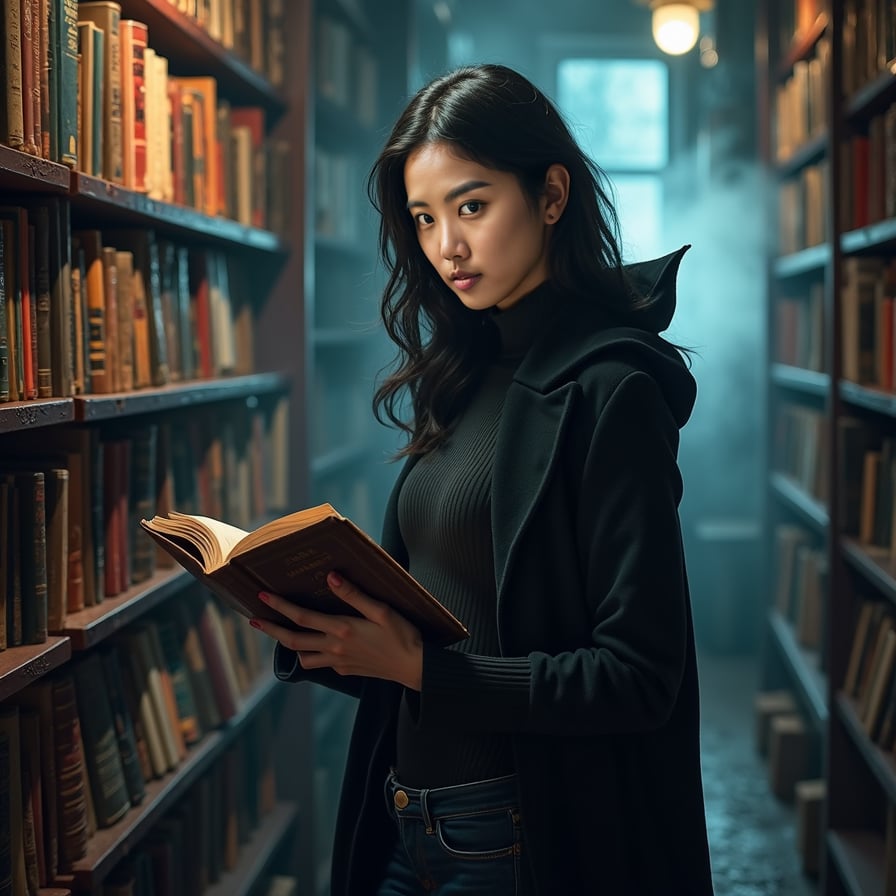 Depict a vampire woman browsing in a cozy, old bookstore late at night. She’s dressed in a casual yet chic outfit—perhaps a turtleneck sweater and jeans—with dark hair falling over her shoulders. The bookstore is dimly lit, with shelves packed with books and a slightly dusty, nostalgic feel. Her skin is pale under the soft, warm light, and she has a thoughtful expression as she skims through a book with an ancient cover.