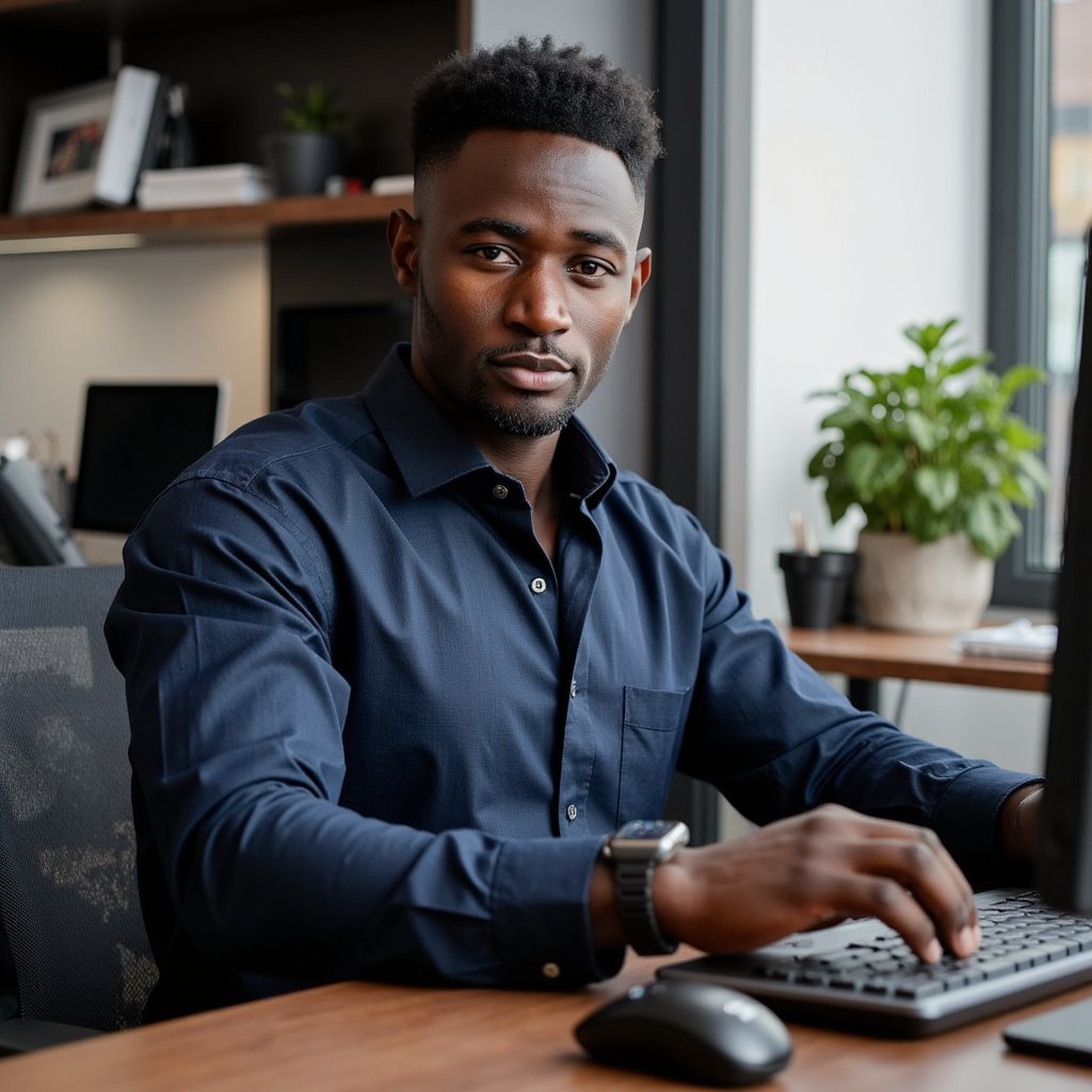 Highly realistic HDR candid portrait of a man software developer at a modern open desk; slim-fit navy oxford shirt, rolled sleeves, Apple Watch visible; tousled medium-length hair with side part. Camera: 35mm lens, f/2.8, ISO 400, waist-up, shot at slight ¾ angle. Lighting: natural daylight key from large window camera right, soft overhead LED fill; monitor glow adds faint rim on jawline. Pose: leaning forward typing, relaxed shoulders, focused expression. Background: blurred rows of standing desks and plants, clean lines, minimal clutter.