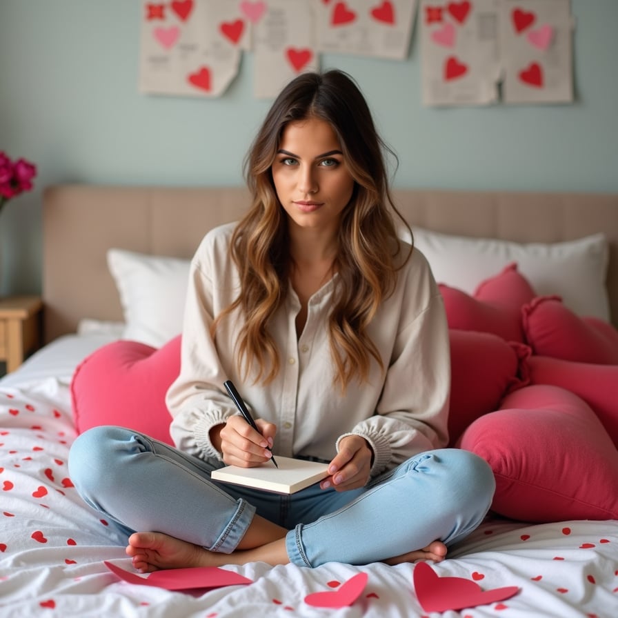 A model sitting cross-legged on a bed covered with heart-shaped pillows, writing a love letter on fancy stationery, while surrounded by Valentine's cards and flowers.