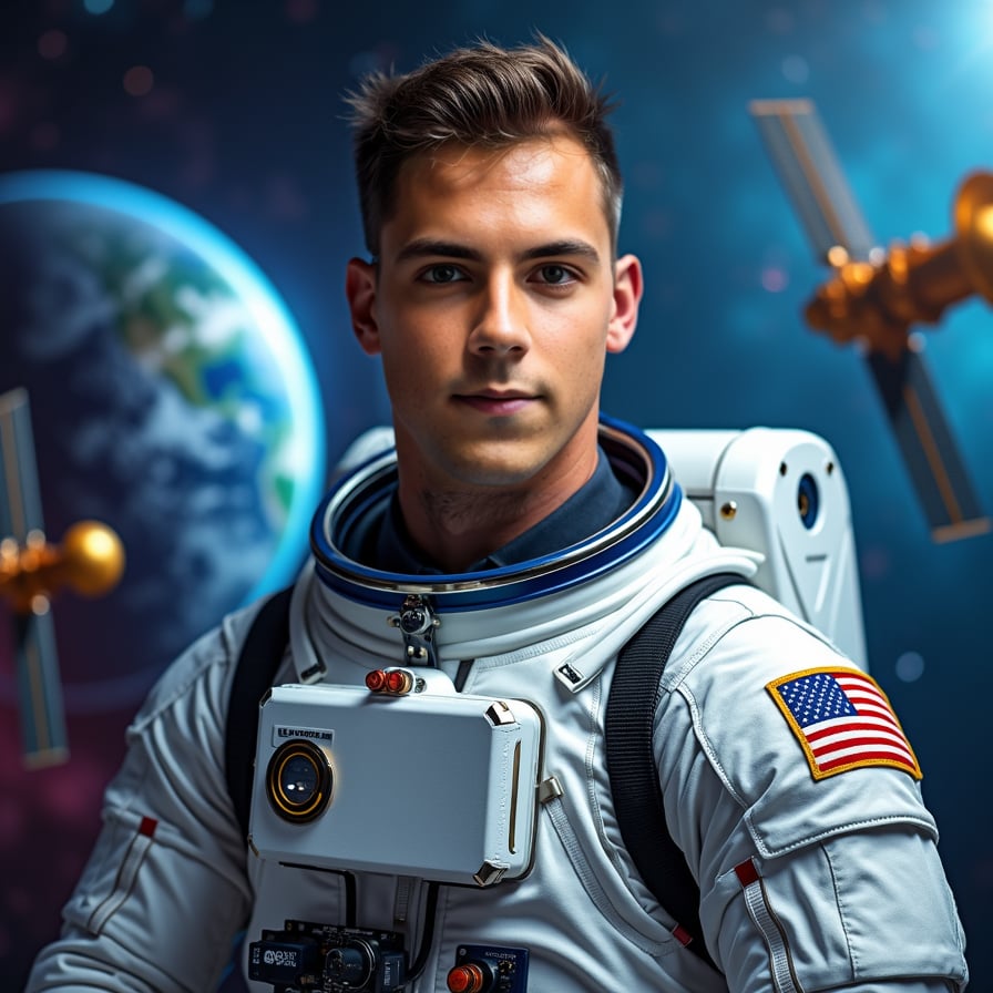 man in astronaut attire, surrounded by floating satellites and celestial bodies, against a stunning backdrop of Earth from space, with a sense of weightlessness and futuristic technology