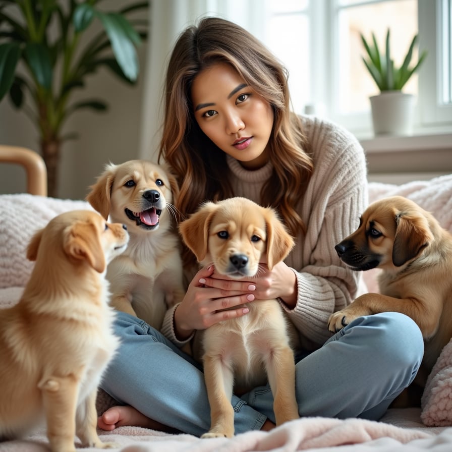 woman surrounded by playful furry friends, lovingly holding a cute puppy or kitten, in a cozy living room with natural light, soft pastel colors and minimalist decor