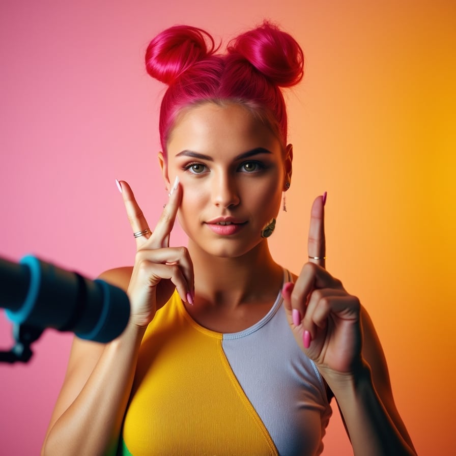 woman with a vibrant, bold hairstyle and bold makeup, wearing a trendy outfit with a pop of color, posing confidently with a fun, playful expression in front of a bright, pastel-colored background, with a microphone in the foreground, highlighting her energetic and engaging personality