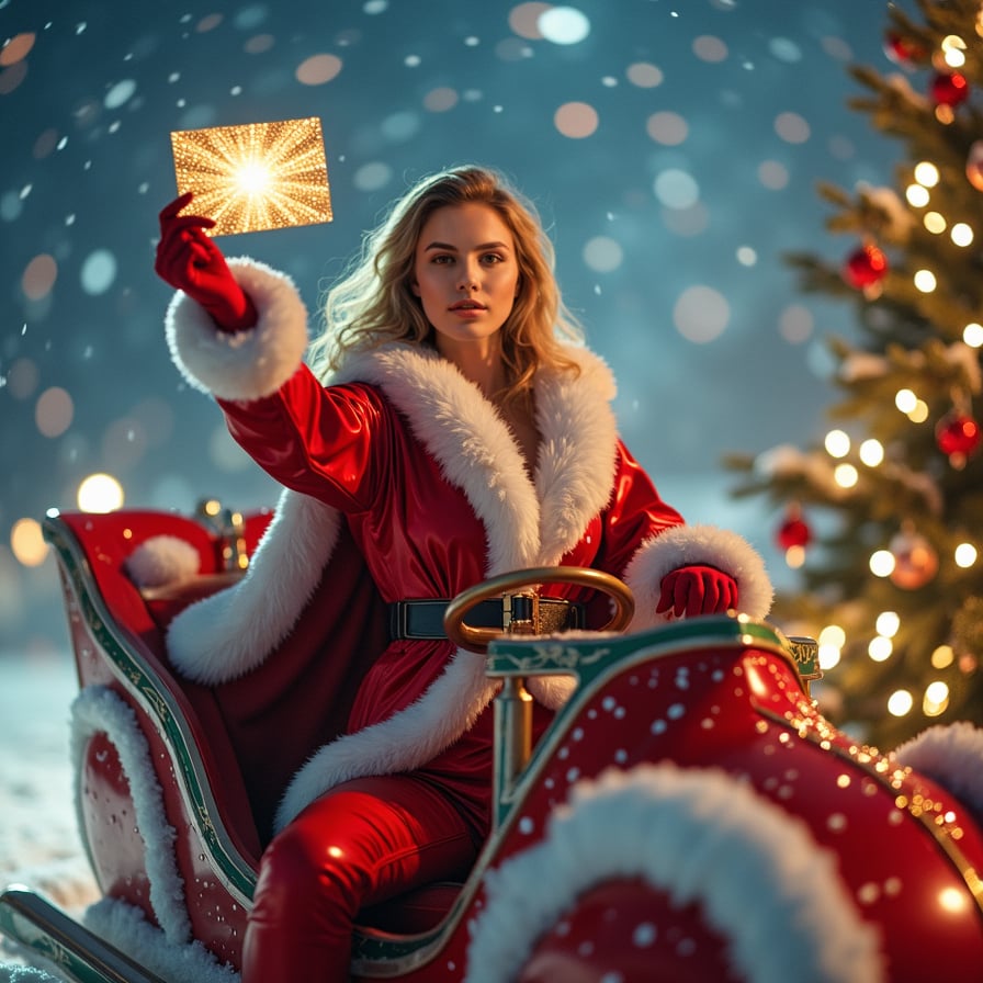 A daring woman dressed in a sleek, modern red and white jumpsuit, accented with fur-lined boots and gloves, confidently piloting Santa’s futuristic sleigh. She holds a shimmering gift card high in one hand, guiding the sleigh through the starry sky. The gift card radiates light as it floats among the stars, lighting the way for a magical Christmas journey.