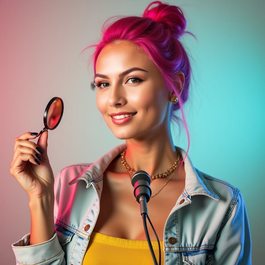 Generate a creative thumbnail headshot of a woman styled as a beauty vlogger. She is wearing trendy makeup and holding a brush or compact mirror, with a playful smile. The background is soft pastel or glitter-themed, complementing her content's aesthetic