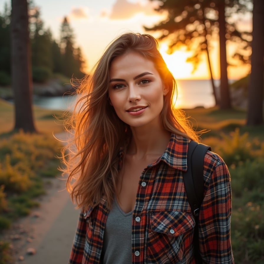 woman standing by a forest trail or beach at sunset. She is dressed in casual outdoor wear, like a flannel shirt or jacket, with her hair slightly windswept. Her smile is bright and carefree, reflecting her vibrant and adventurous personality