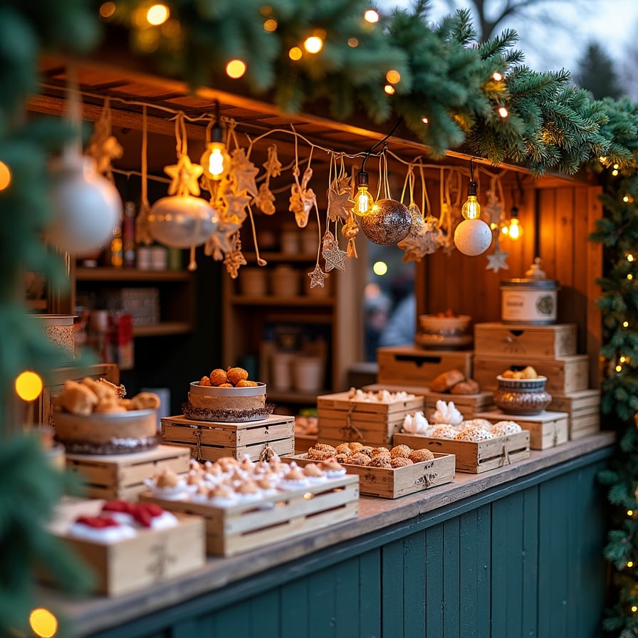 An outdoor holiday market stall draped in gentle string lights and seasonal greenery. Handcrafted ornaments, artisanal candles, or neatly packaged pastries are displayed on wooden crates. The scene should feel bustling yet cozy, encouraging viewers to support local makers and embrace the community spirit.