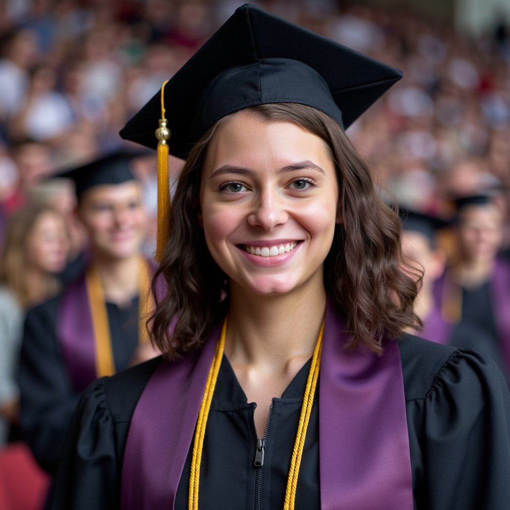 Waist-up portrait of a woman graduate smiling proudly while facing the camera, with blurred classmates in gowns in the background forming subtle color bokeh; she wears a black gown, deep purple stole, and honor cords (gold); soft curled hair falling over one shoulder, mortarboard slightly tilted; camera slightly above eye line, 105 mm lens, f/1.8; soft natural lighting, overcast daylight providing even illumination; shallow depth isolates her face; background softly colorful but uncluttered; fine details: woven cord texture, stitching along stole hem, lashes and reflections in the eyes; tone balanced, lifelike color, highly detailed, highly realistic, HDR finish.