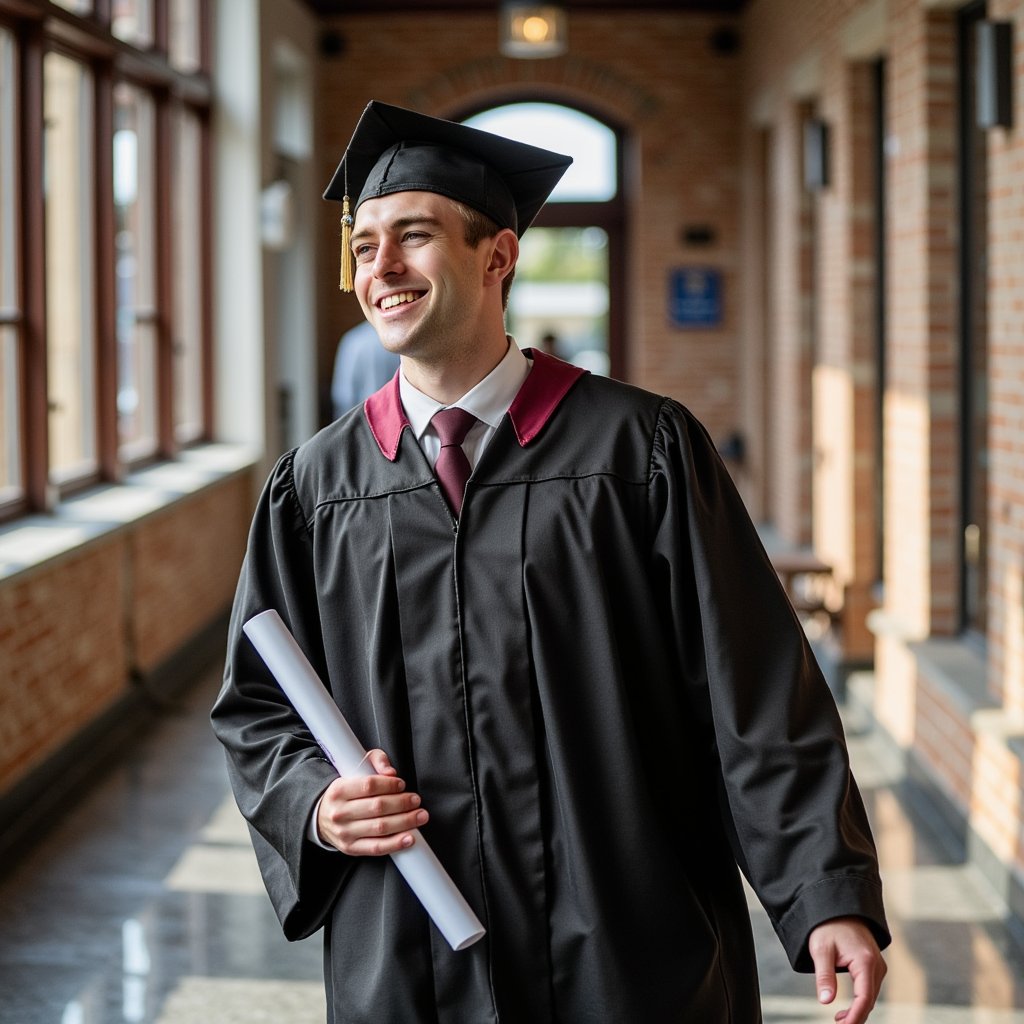 Waist-up composition of a man graduate walking slowly down a university hallway, looking back over his shoulder slightly; expression calm, reflective; wearing black gown, burgundy hood, tie visible under open gown front; camera at hip height behind him, focus on his face turned backward; 35 mm lens, f/2.8; lighting: backlit hallway with cool ambient tones and warm window streaks across the floor; background softly blurred for cinematic depth; visible creases in gown, edge highlights on shoulders, accurate shadow fall; tonal contrast refined, highly detailed, highly realistic, HDR aesthetic.