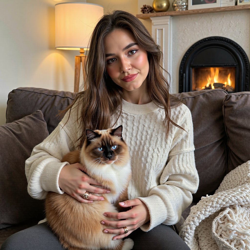 woman in a soft, oversized cream knit sweater, her hands gently cradling a fluffy, ginger-and-white Ragdoll cat with striking blue eyes. She is seated comfortably on a plush, charcoal-grey velvet sofa adorned with knitted throw blankets, while warm, ambient light from a nearby floor lamp illuminates the cozy living room, hinting at a crackling fireplace in the blurred background.