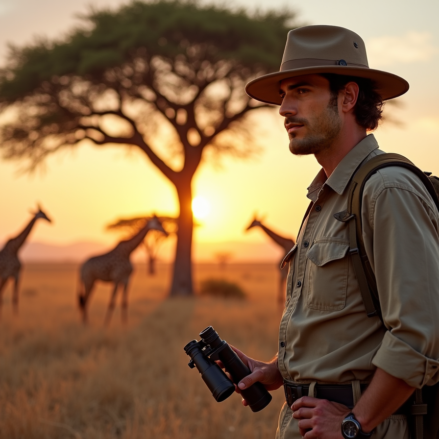 man wearing rugged safari outfit, khaki clothes, and a pith helmet, holding a pa