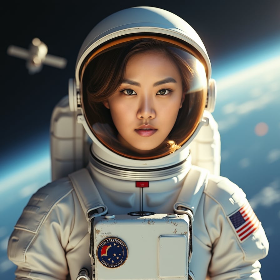 Heroic astronaut, white suit, Earth’s orbit backdrop, reflective visor.