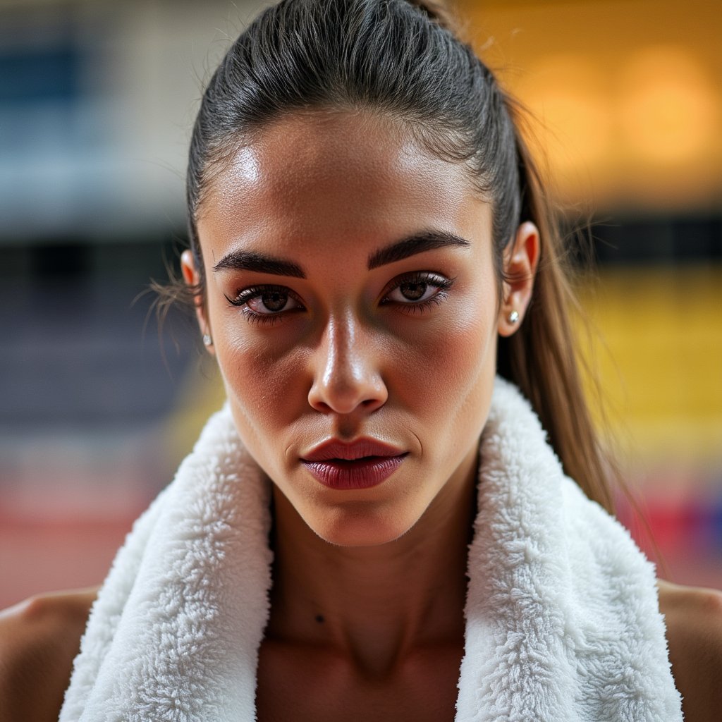 Headshot of a female sprinter post-race, breathing heavily with towel around neck, expression of fierce focus, subtle motion blur behind her
