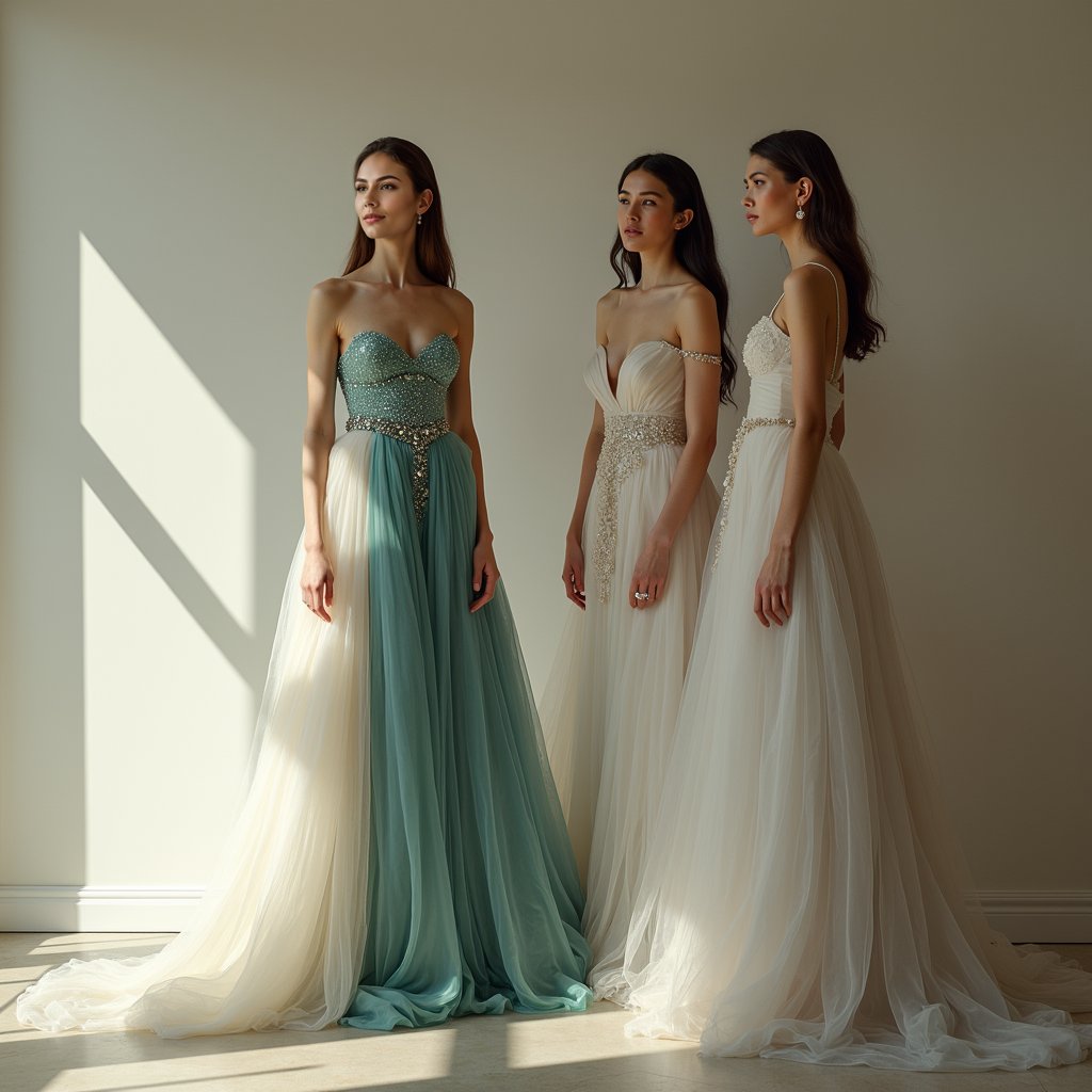 Stunning woman, multi-colored gown, plain wall, professional shot.