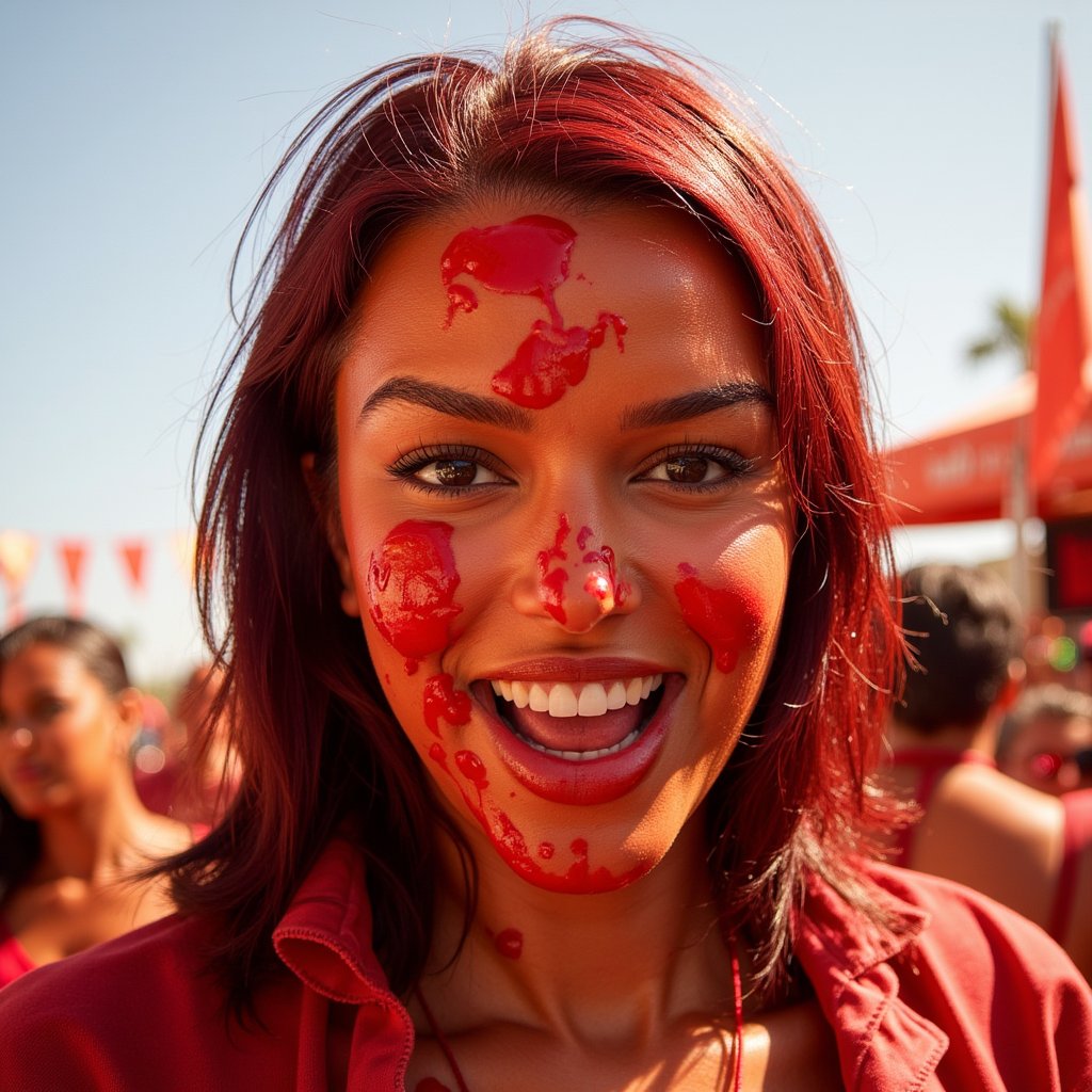 Expressive close-up of a festival-goer with red-streaked cheeks, tomato dripping down forehead, intense gaze, chaotic background blur — La Tomatina style
