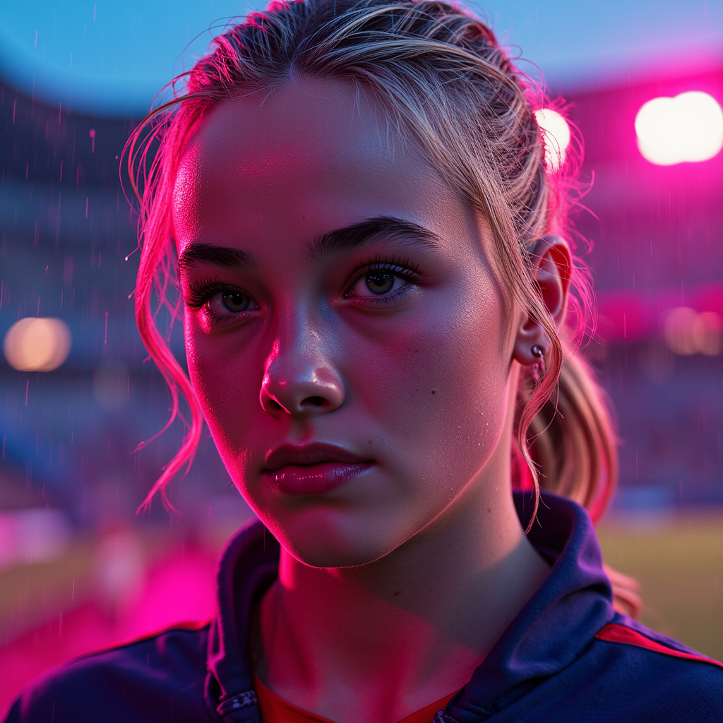 Close-up headshot of a player under neon-lit rain with water droplets on face, m