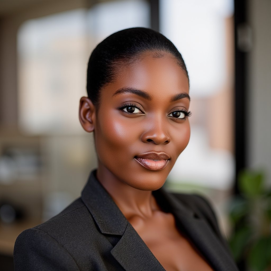 woman in a fitted charcoal blazer, with a subtle half-smile and direct eye contact. Her natural light makeup includes soft peach lipstick and minimal eyeshadow, highlighting her sharp jawline and subtle skin texture. Realistic hair strands are visible, complementing the clean, blurred office background, all bathed in soft natural light.