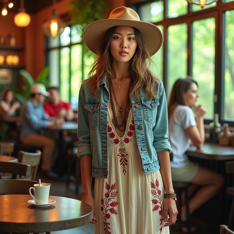 girl with casual attire, sitting in a trendy restaurant, surrounded by modern de