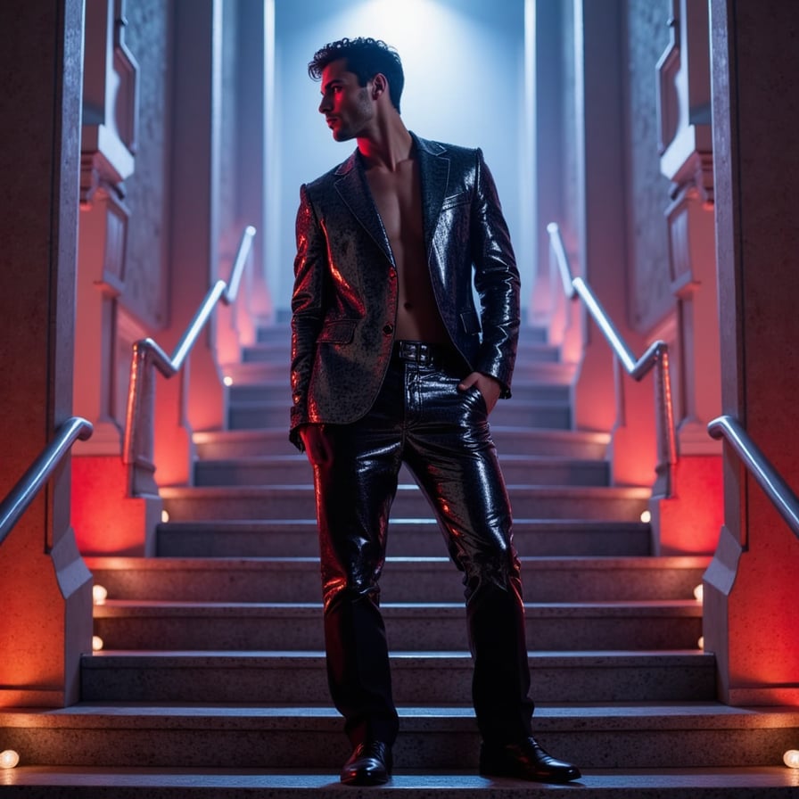 A futuristic Met Gala concept featuring a glowing LED bodysuit with transparent textures, levitating accessories, captured in cinematic spotlight on a surreal red carpet setting