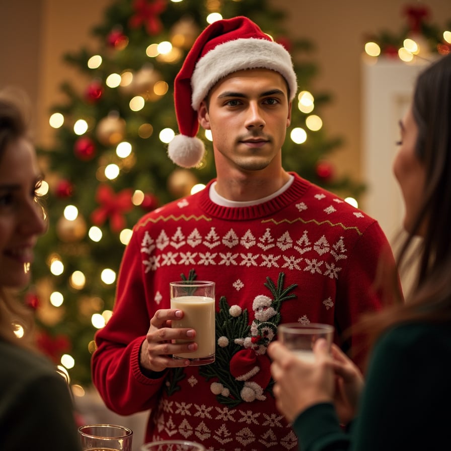 man with a clean-shaven face and a joyful smile, wearing a festive holiday sweater, surrounded by friends and decorations, holding a glass of eggnog or hot cocoa, under the warm glow of twinkling Christmas lights, with a beautifully decorated Christmas tree in the background.